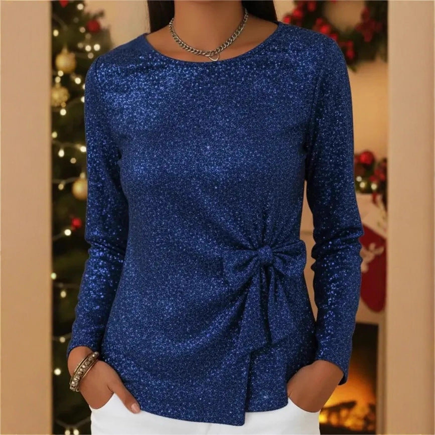 Fashionable Shiny Lace-up Bow-knot Long-sleeve Women's Pullover