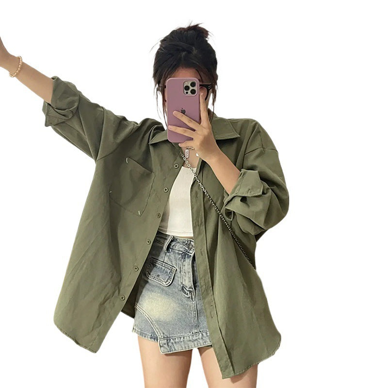 American Retro Green Shirt Cardigan Women's Spring And Autumn Coat