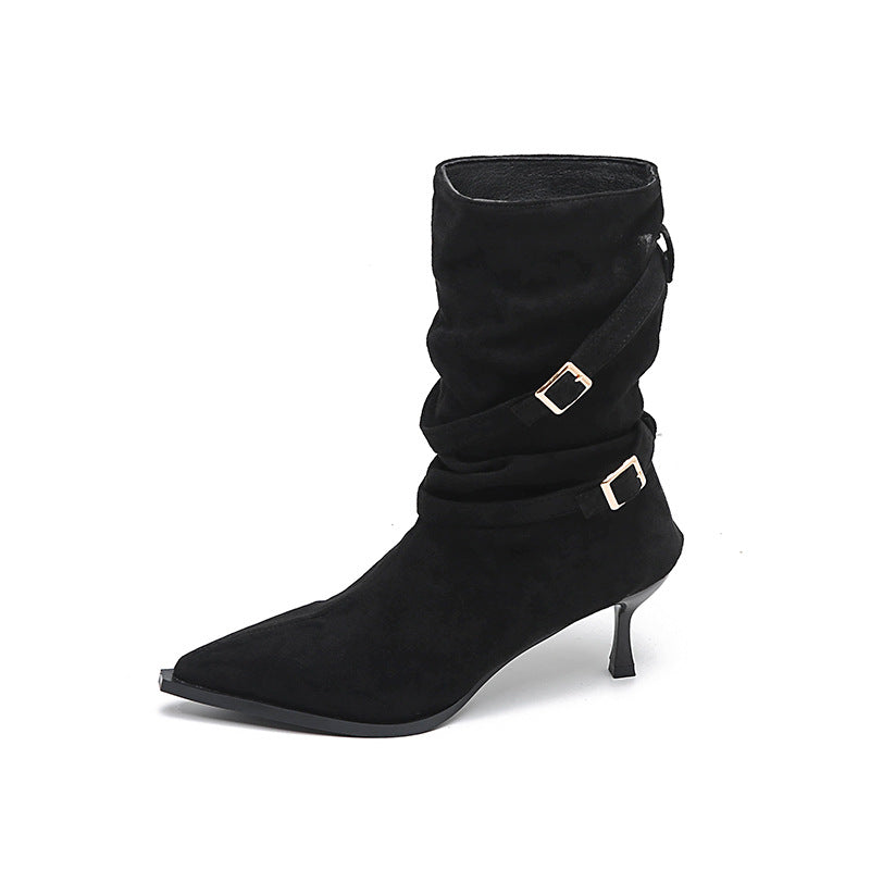 Fashionable And Versatile Pointed Toe Stiletto Heel Suede French Slim Ankle Boots