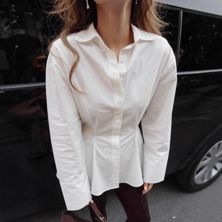 Waist-tucking Pleated Women's Elegant Pure Cotton Shirt