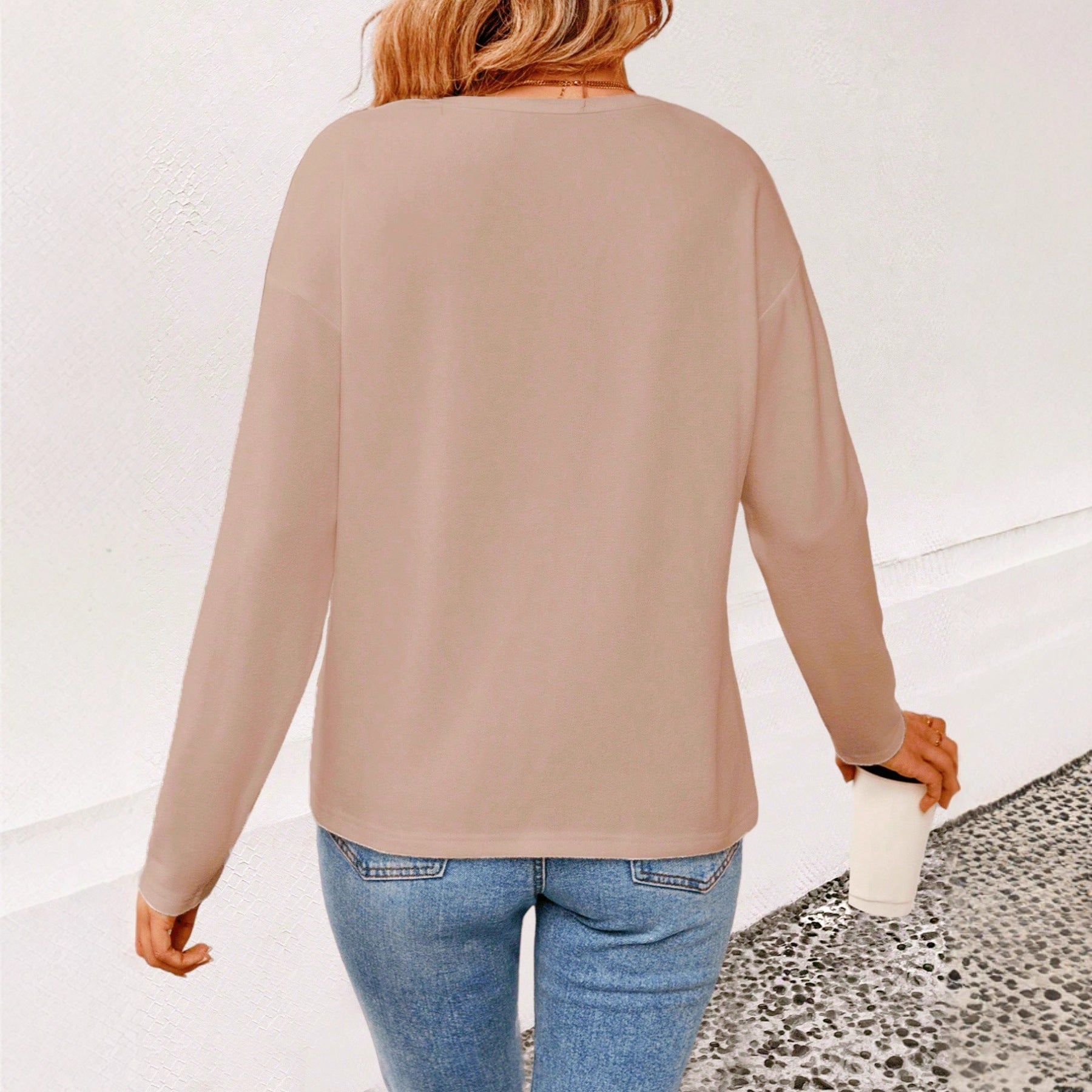 New Arrival Gold-colored V-neck Solid-color Casual Long-sleeve Outerwear Top