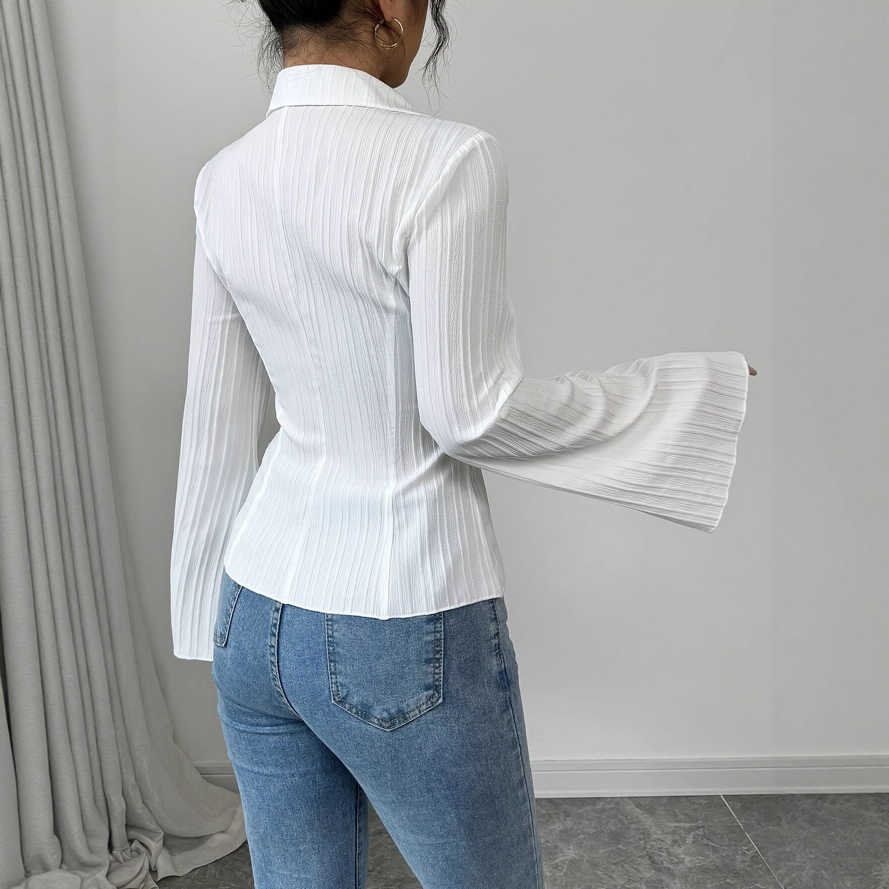 Elegant V-neck Single-breasted Solid-color Striped Blouse For Women