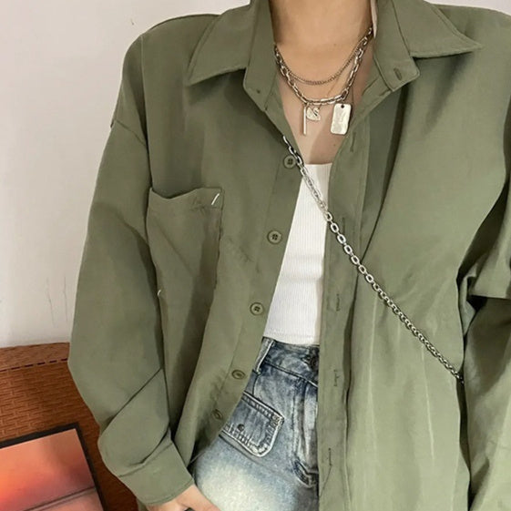 American Retro Green Shirt Cardigan Women's Spring And Autumn Coat