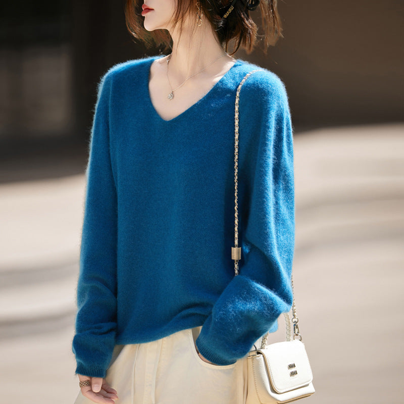 V-neck Cashmere Knit Women's Loose-fit Sweater