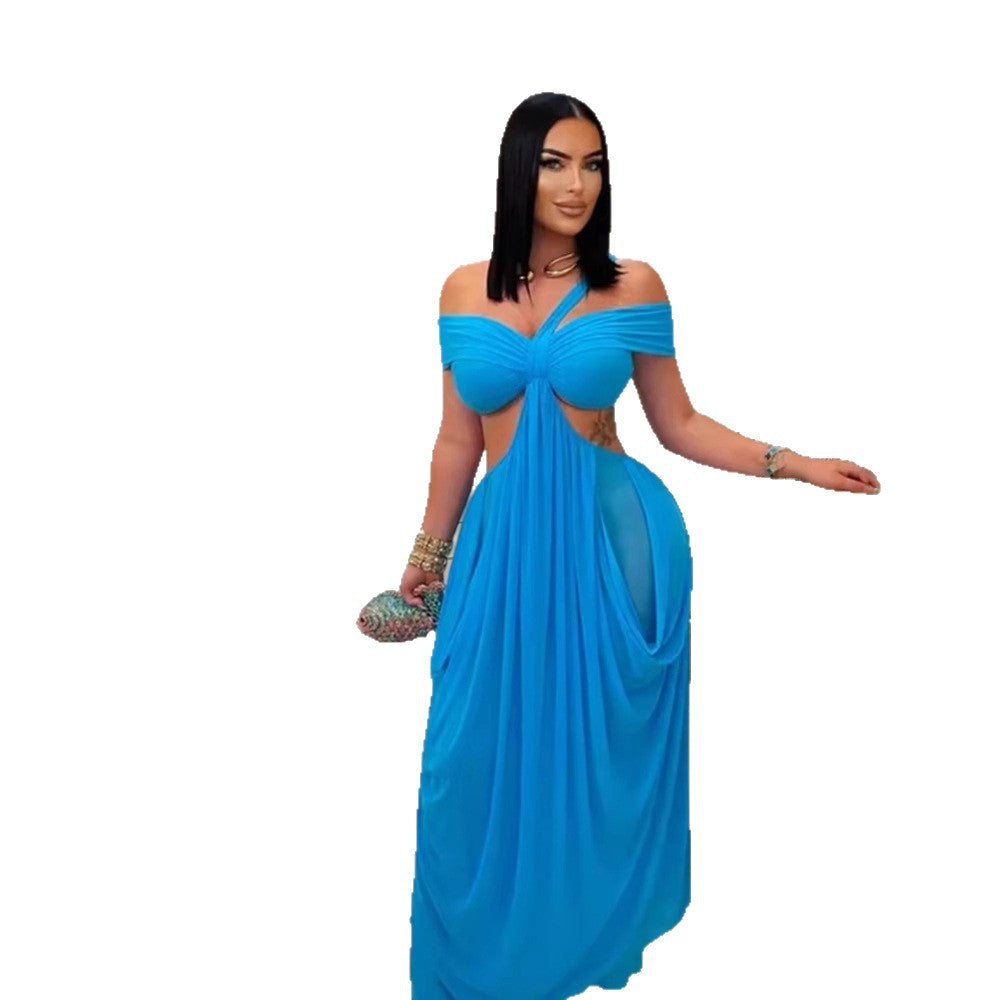 Solid-color Tube Top Hollow-out Sheer Mesh Long Dress For Women