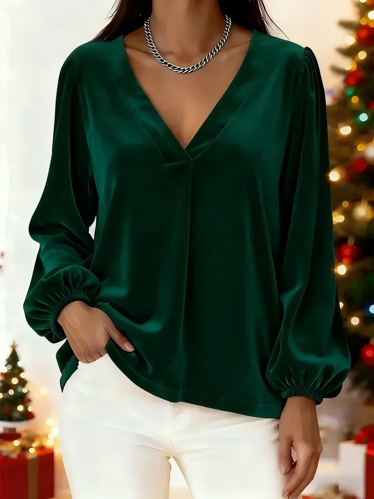 Velvet V-neck Elegant And Luxurious Lantern-sleeve Women's Top