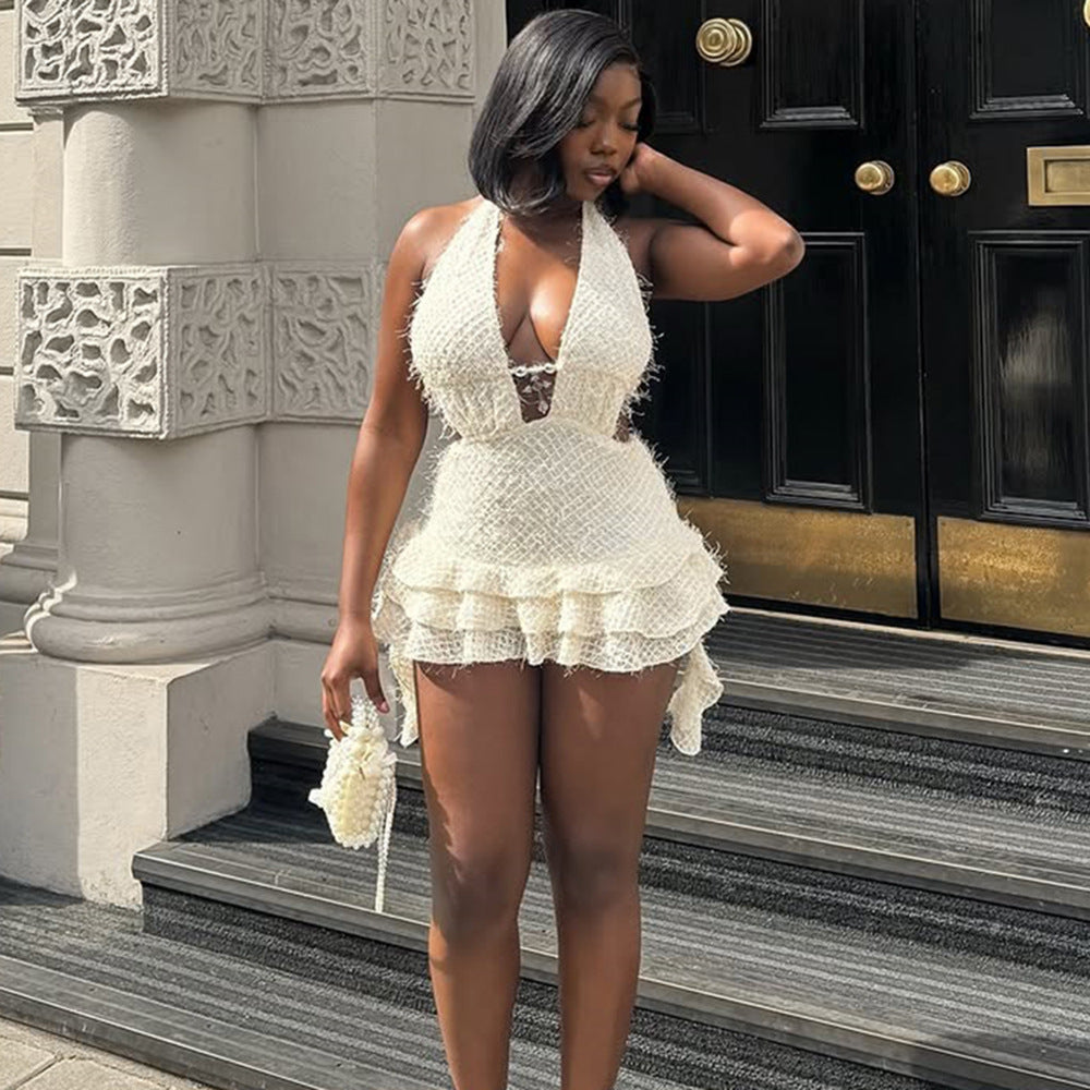 V-neck Hollow-out Pouf Skirt With Neck-tie Straps And A Backless Fine-fiber Mini Skirt