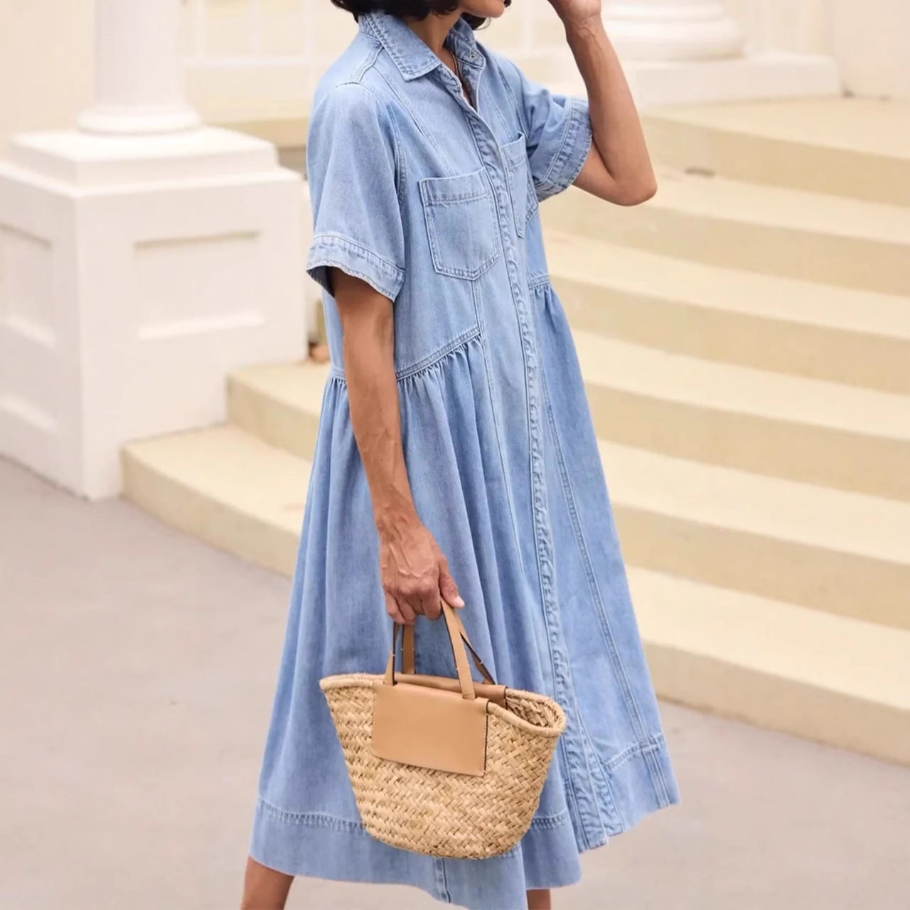 Fashionable Women's Turn-down Collar Denim Skirt With Pockets