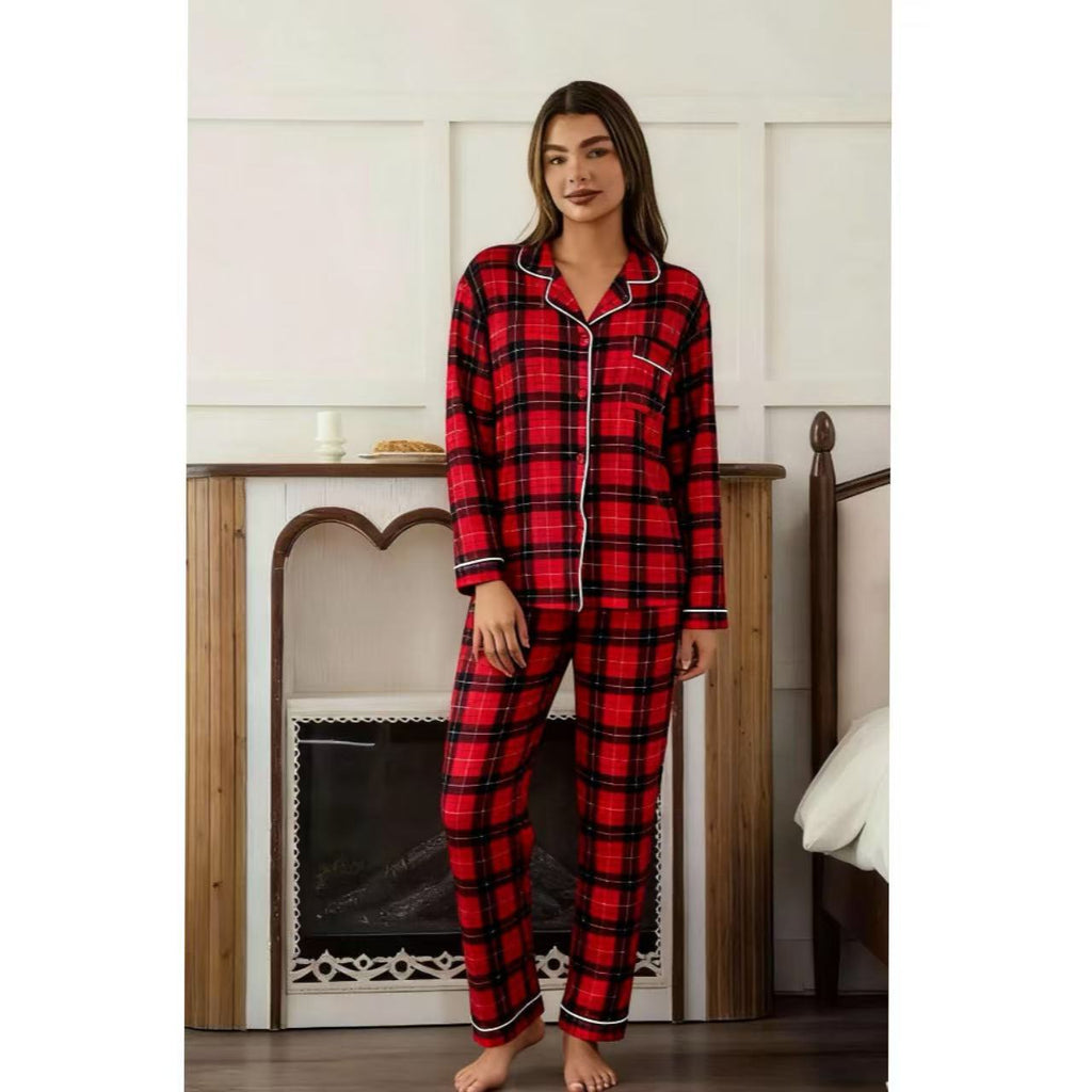 Women's Red Plaid Lapel Pajama Top And Pants Set