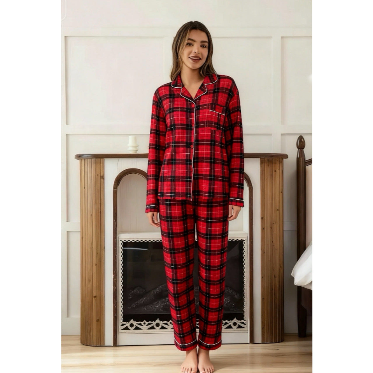 Women's Red Plaid Lapel Pajama Top And Pants Set