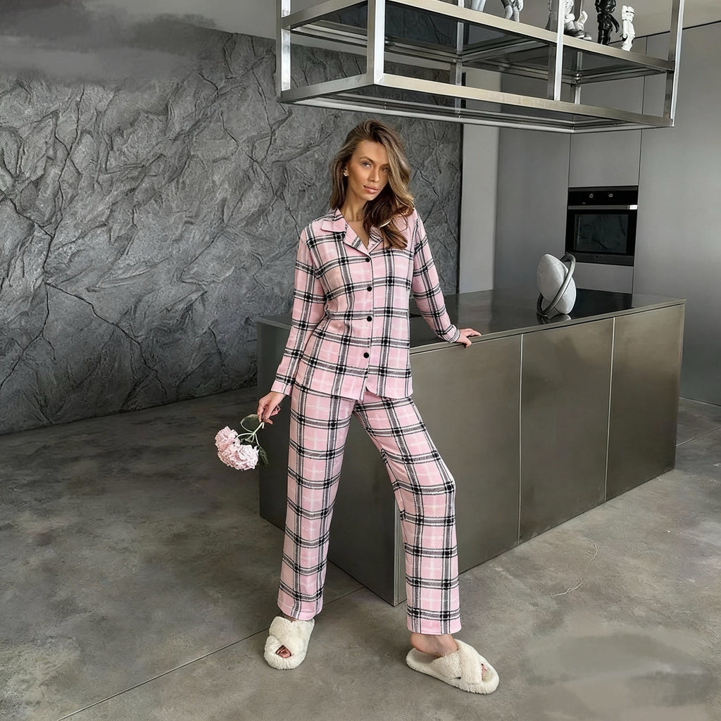 Women's Red Plaid Lapel Pajama Top And Pants Set
