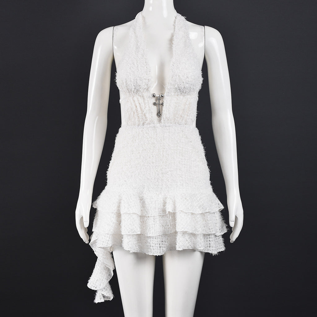 V-neck Hollow-out Pouf Skirt With Neck-tie Straps And A Backless Fine-fiber Mini Skirt