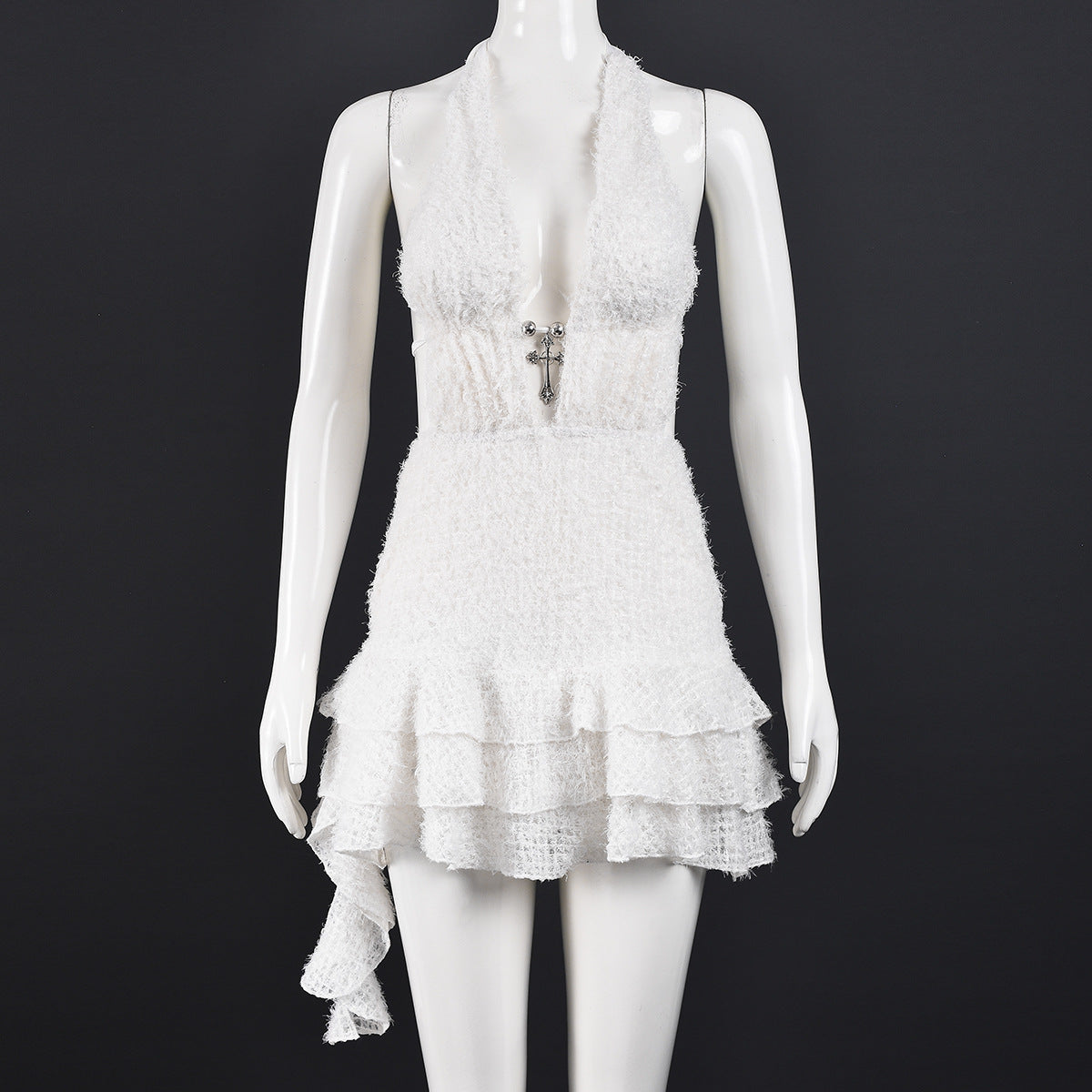 V-neck Hollow-out Pouf Skirt With Neck-tie Straps And A Backless Fine-fiber Mini Skirt