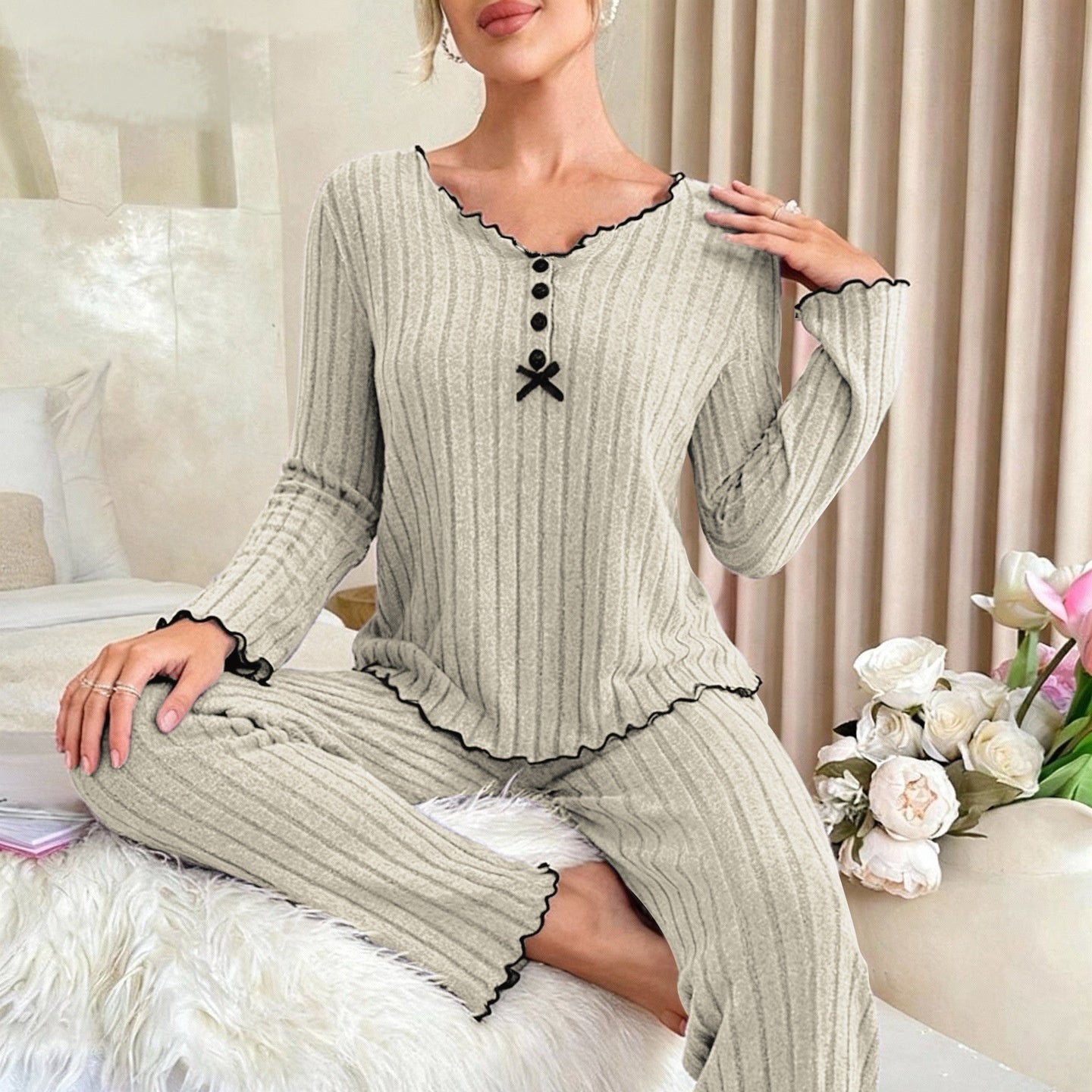 European And American-style Solid-color Ruffled-edge Minimalist Pajama Set