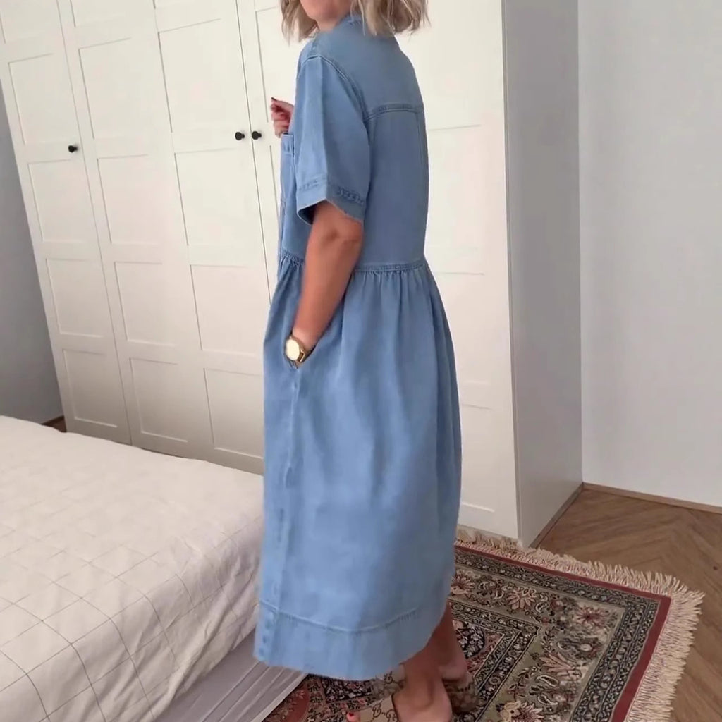 Fashionable Women's Turn-down Collar Denim Skirt With Pockets