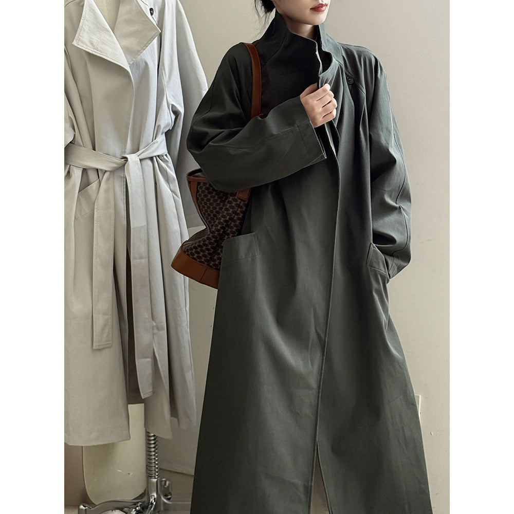 Retro Lapels One Button Mid-length Trench Coat Women's Belt Coat