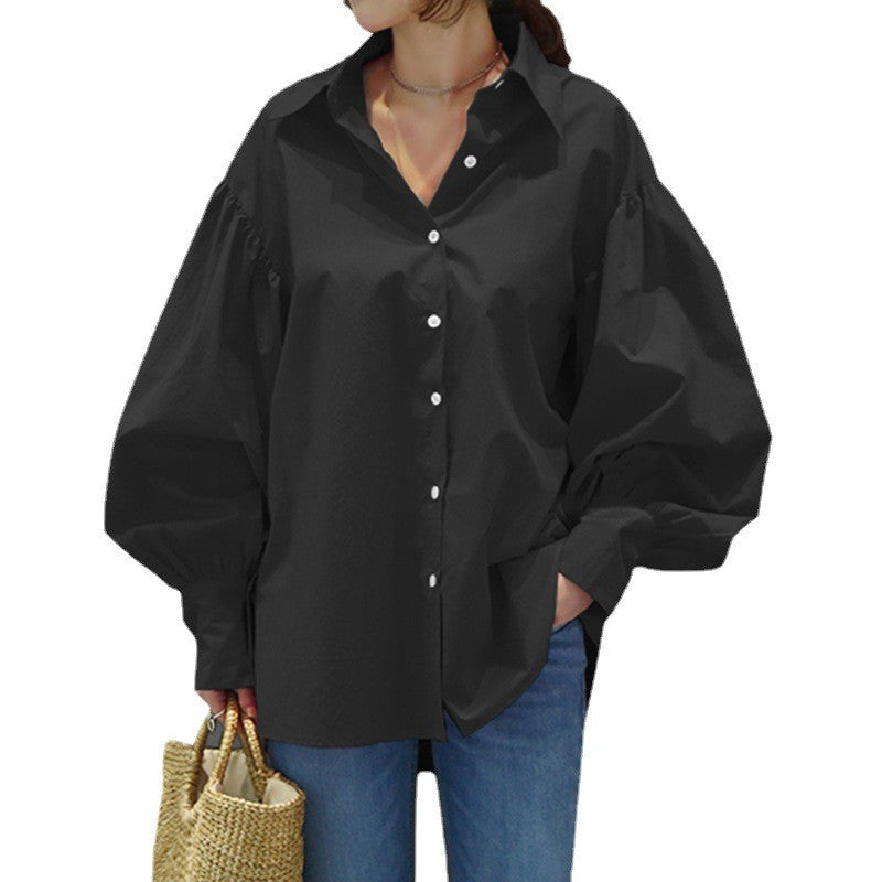 Women's Casual Shirt Lantern Sleeve Lapel Top