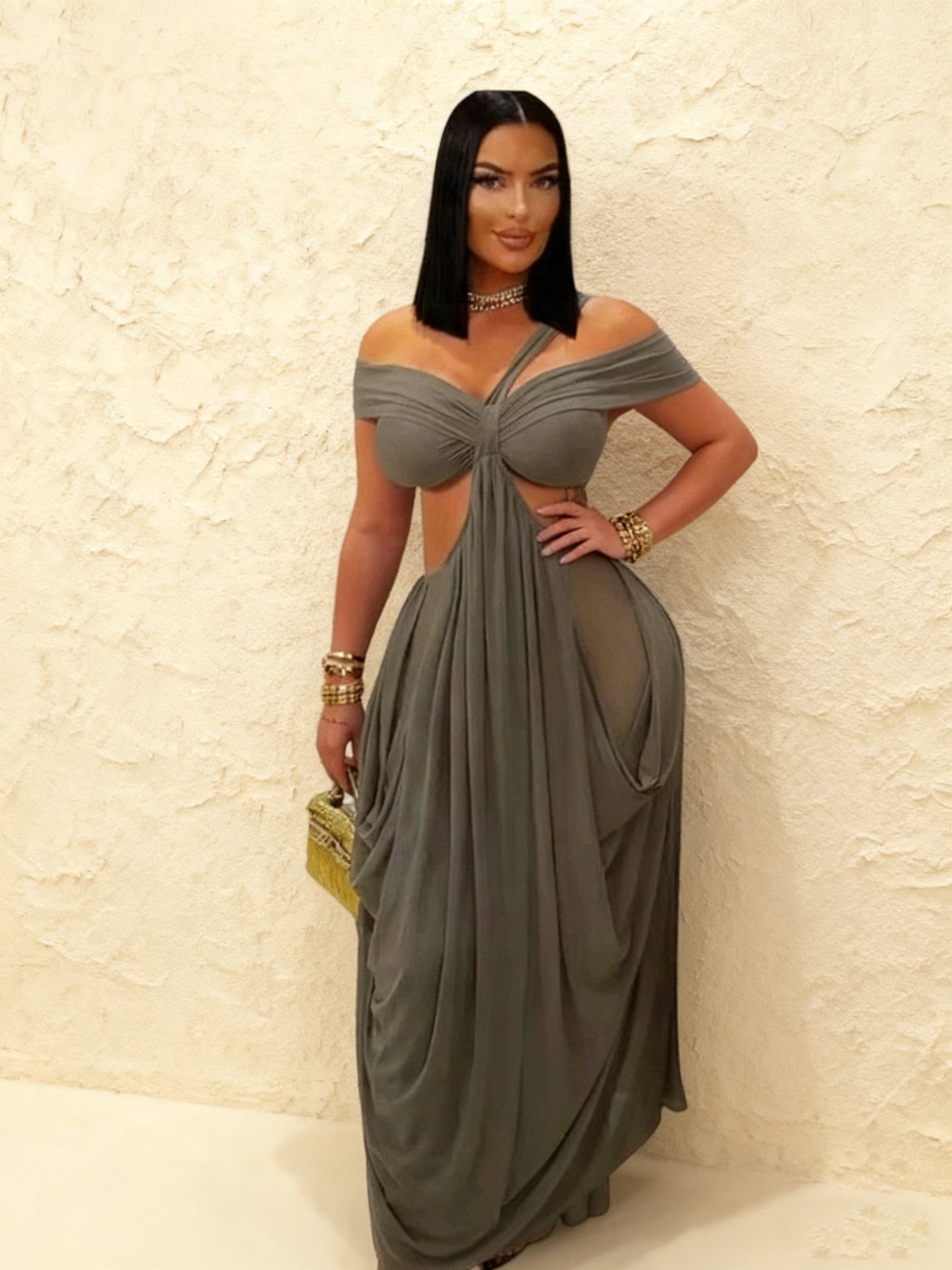 Solid-color Tube Top Hollow-out Sheer Mesh Long Dress For Women