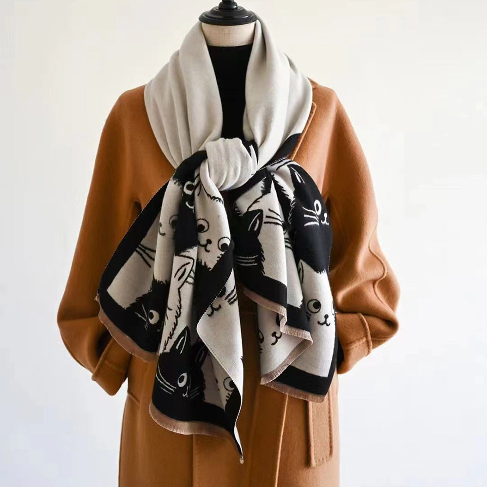 Double-sided Double-wear Student Faux Cashmere Scarf Cartoon Design For Autumn And Winter