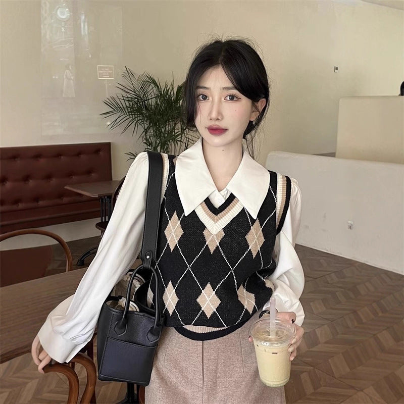 French-style Vintage White Polo-collar Long-sleeve Shirt