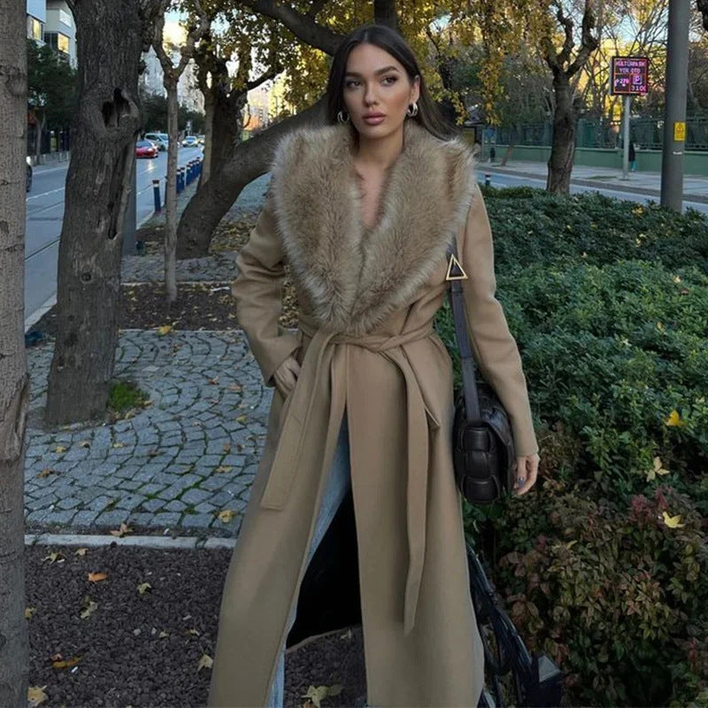 Women's Personality Street Lace-up Turn-down Collar Long-sleeved Coat