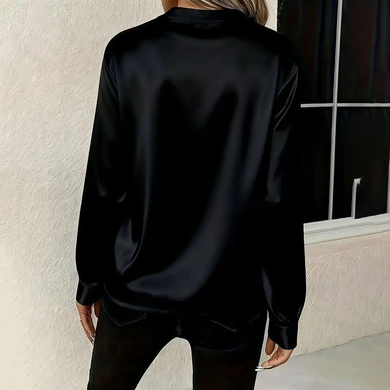 Women's Elegant Solid Color V-Neck Blouse, Button Cuff Long Sleeve Wrinkle Resistant Office Shirt