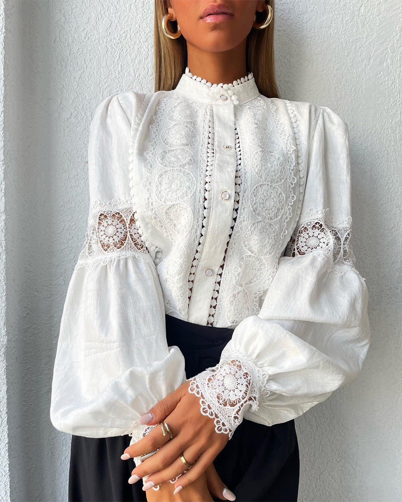 Women's Lace Patchwork Lantern Sleeve Casual Shirt