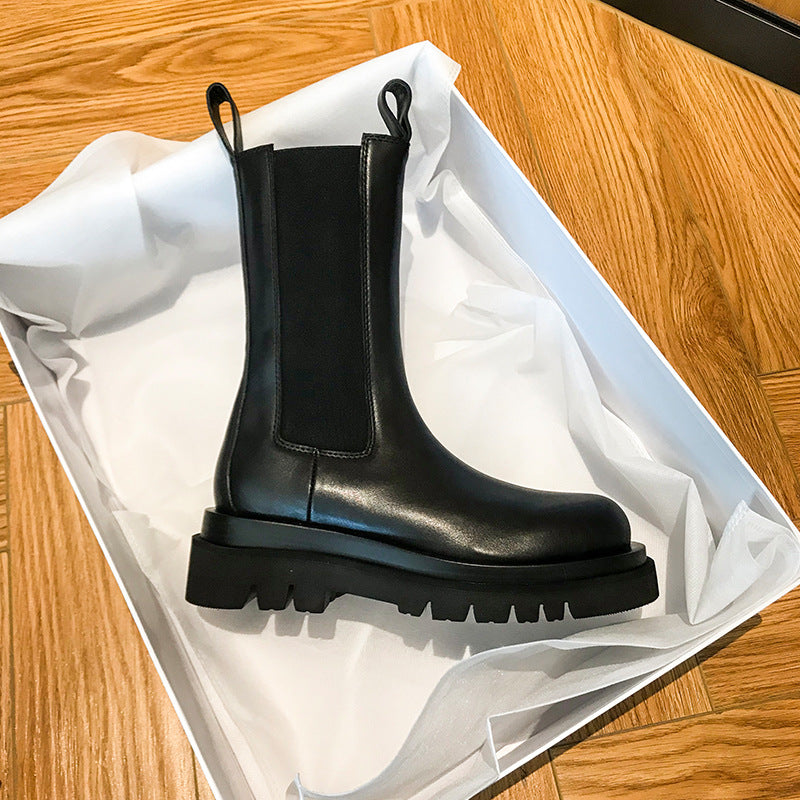 Mid-calf Thick-soled Women's Leather Boots In British Style