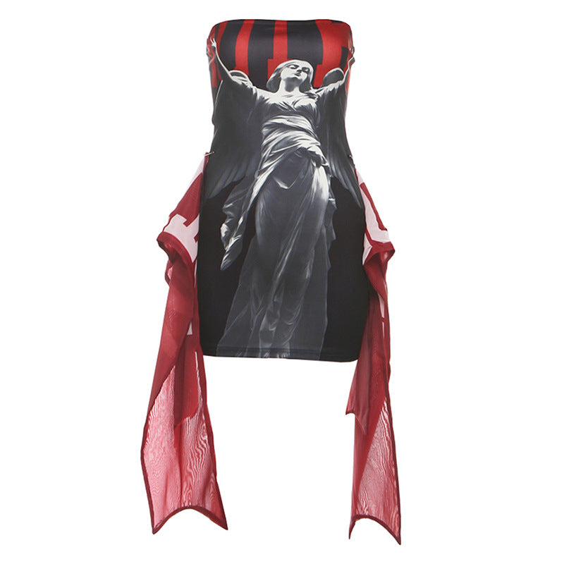 Fitted Waist Elegant Letter-printed Tube Top Mini Dress