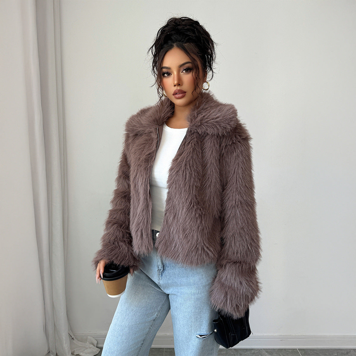 Elegant Elegant Style All-match Fluff Long-sleeved Overcoat Coat For Women