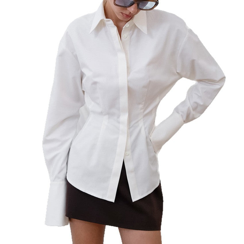 Women's Long-sleeved Waist-tied White Shirt