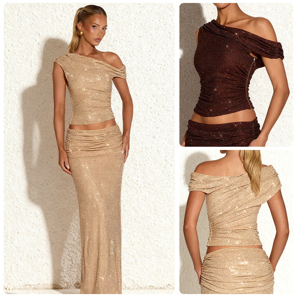 Full-diamond Two-piece Set Asymmetrical One-shoulder