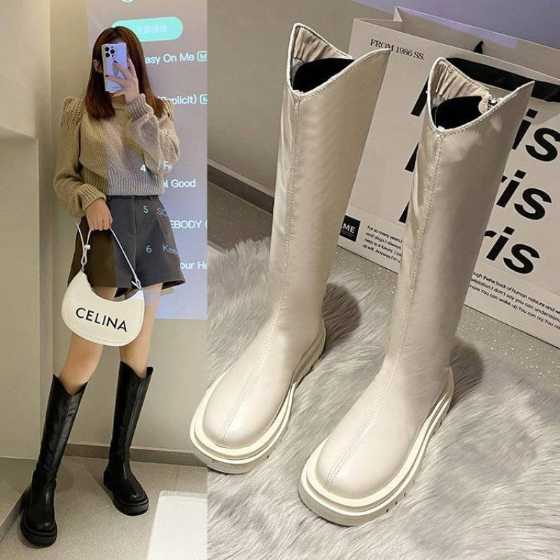 Women's Leather Over-the-knee Boots With Thick Soles And Zippers