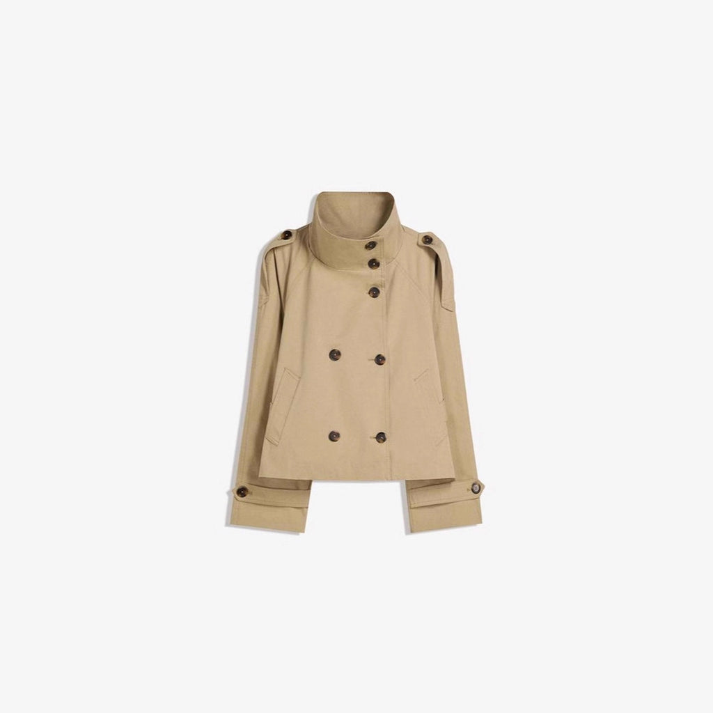 Retro Lapels Design Double Breasted Lace Up All-match Long Sleeve Short Trench Coat
