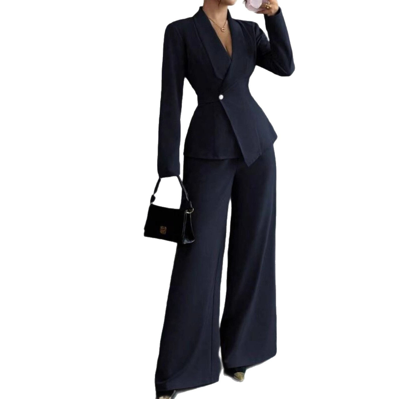 Solid-color Long-sleeve Straight-leg Pants Set For Women