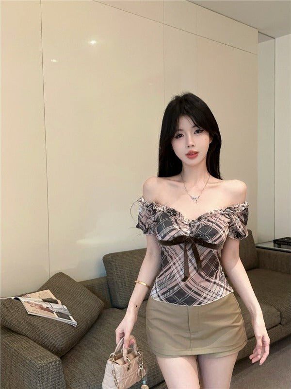 Plaid Puff Short Sleeve Blouse With Lace Trim For Women
