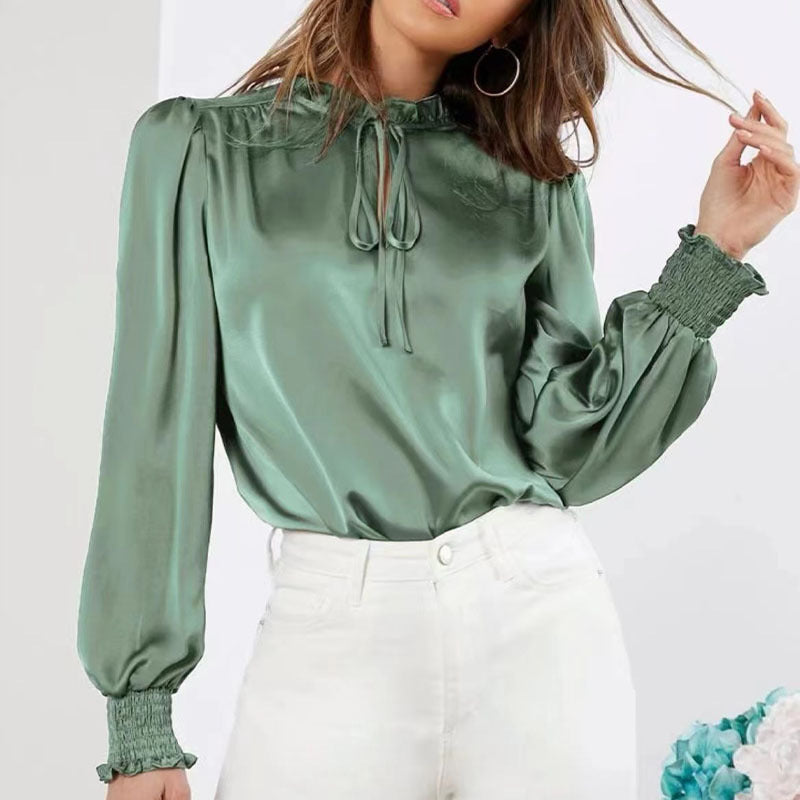 Women's Elegant Solid Color Round Neck Long Sleeve Tie Straight Shirt