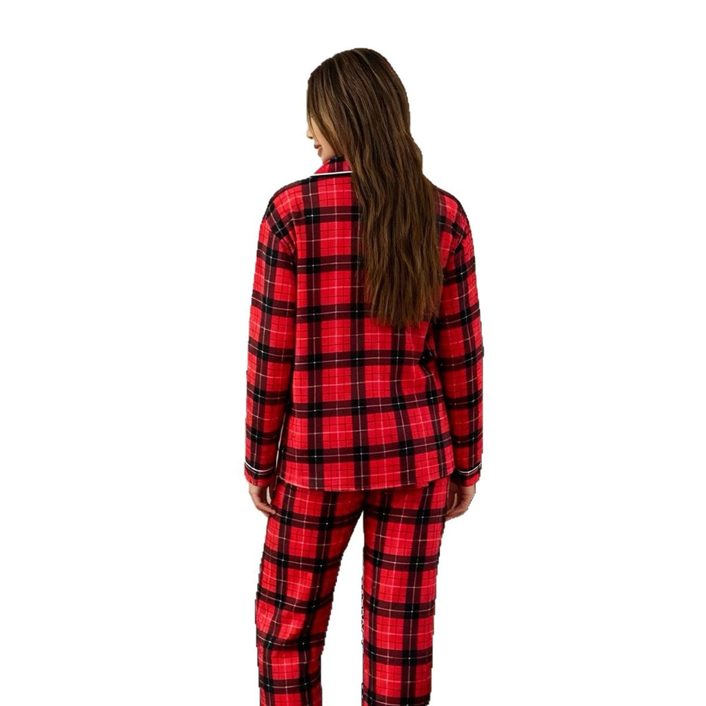 Women's Red Plaid Lapel Pajama Top And Pants Set