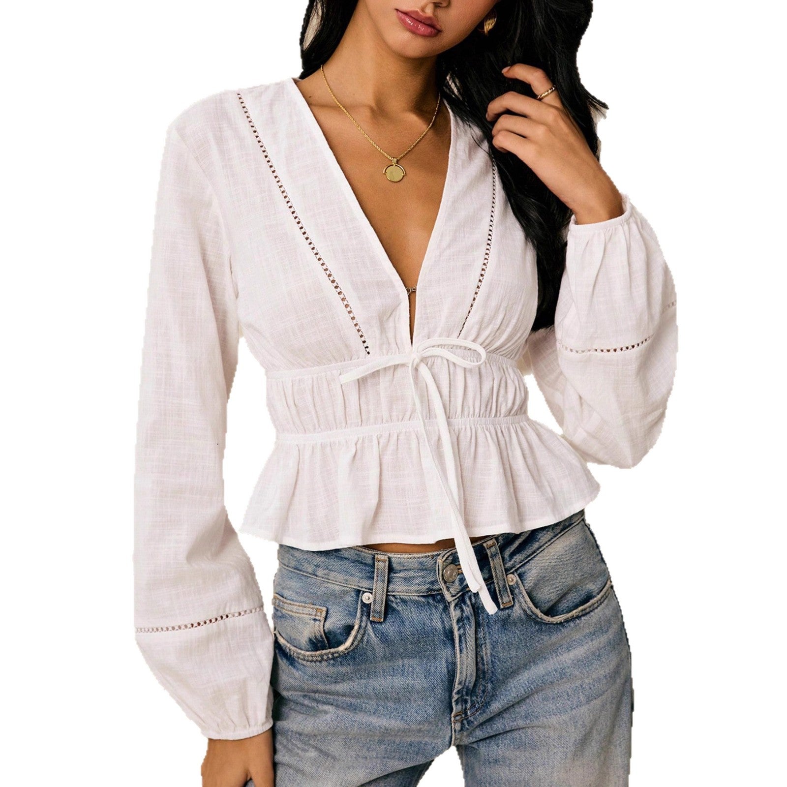Women's Long-sleeved Bohemian Style Deep V-neck Ruffle Blouse