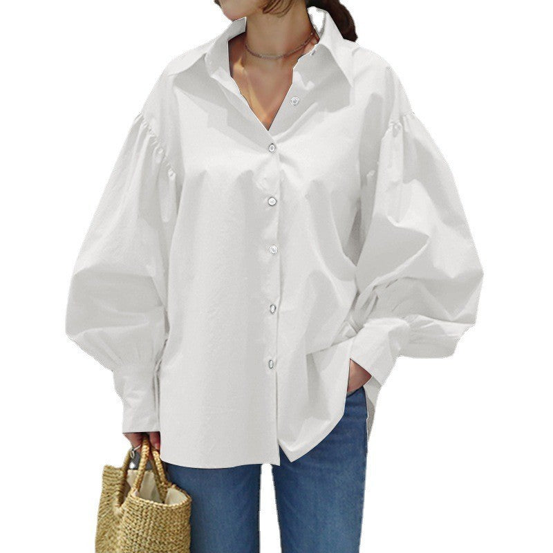 Women's Casual Shirt Lantern Sleeve Lapel Top