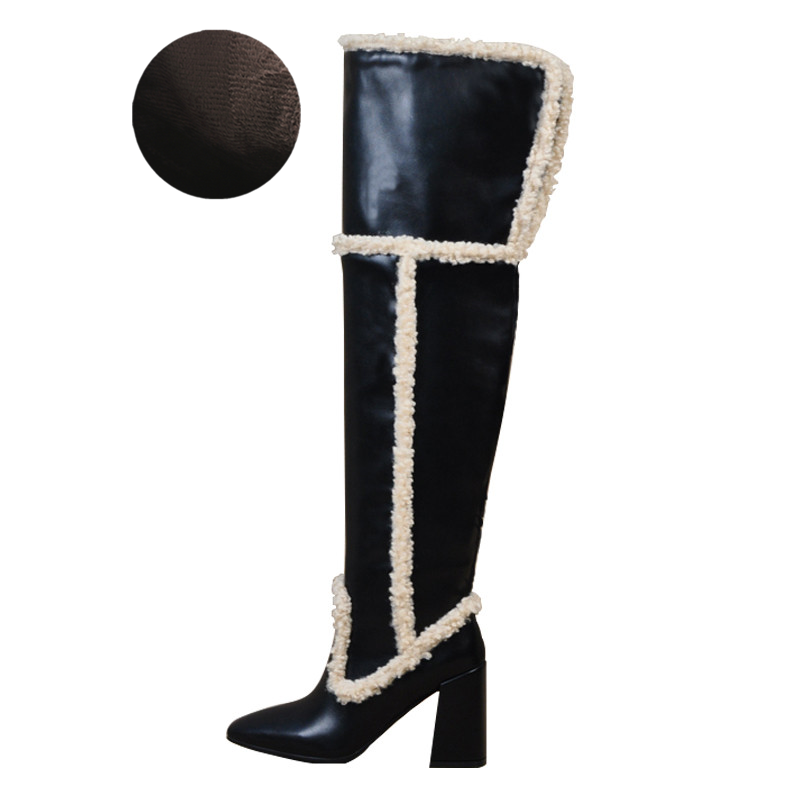 Lamb Hair Square Head Leather Thick Heel High Boot