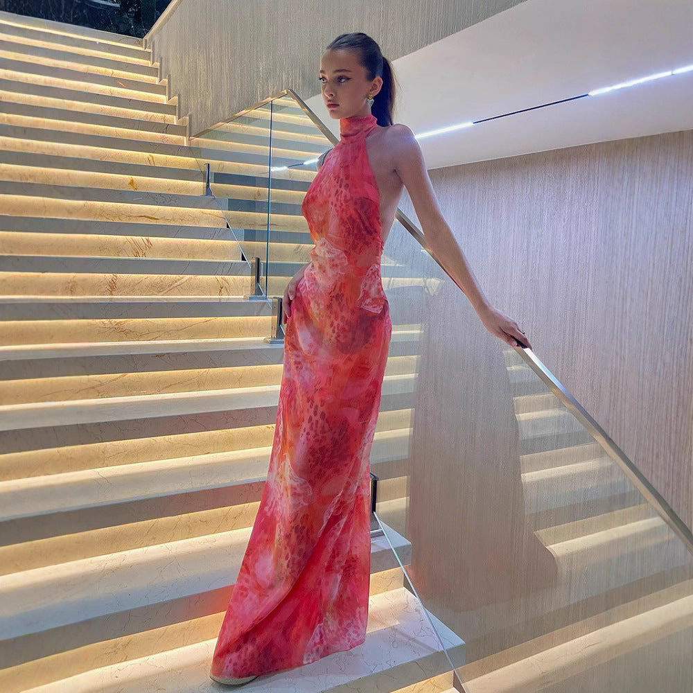 Fashionable Backless Sleeveless Halter Neck Women's Dress Evening Gown