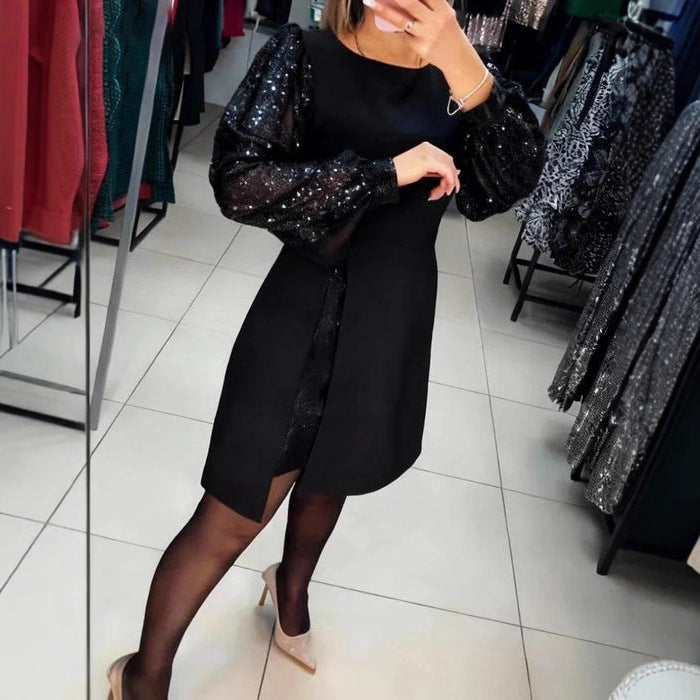 Women's Elegant Patchwork Sequin Puff Sleeve Short Dress