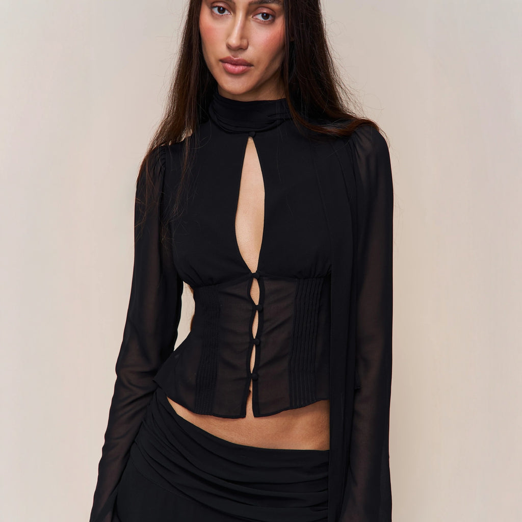 Blouse With Hollow-out Buttons And A Ribbon Tie At The Waist