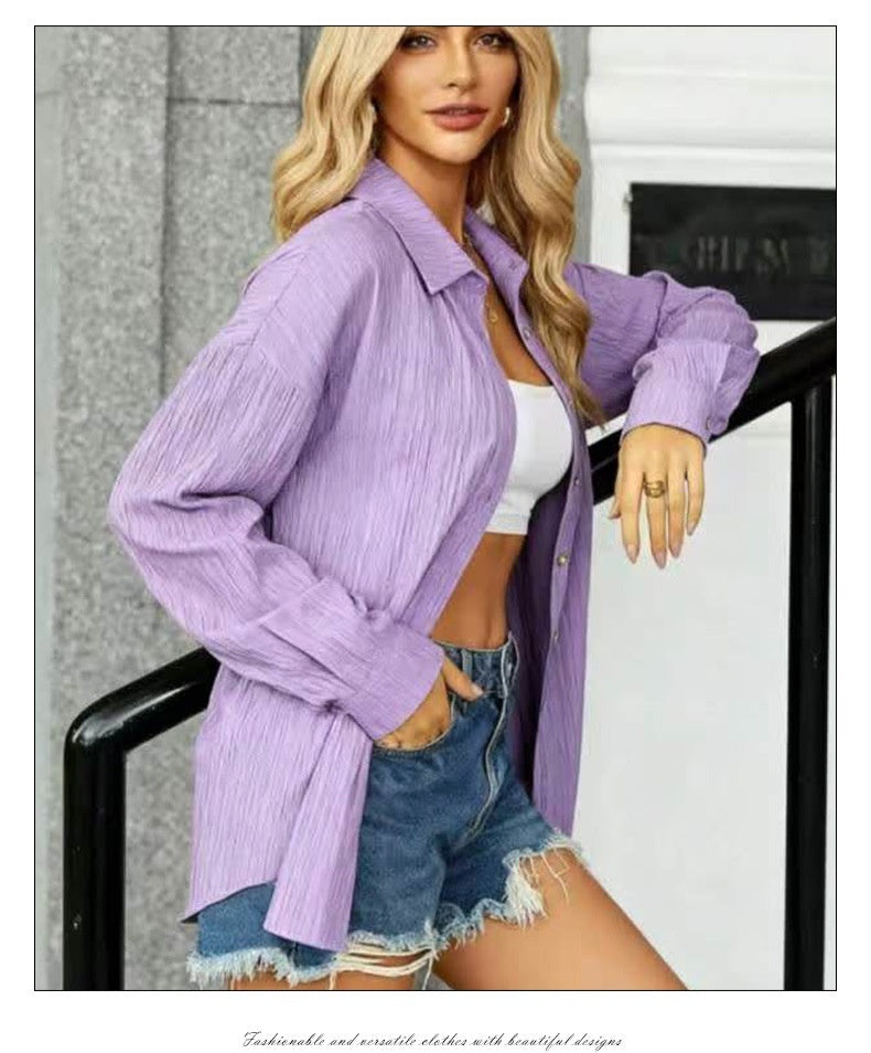 Single-breasted Solid Color Casual Loose Long-sleeved Shirt