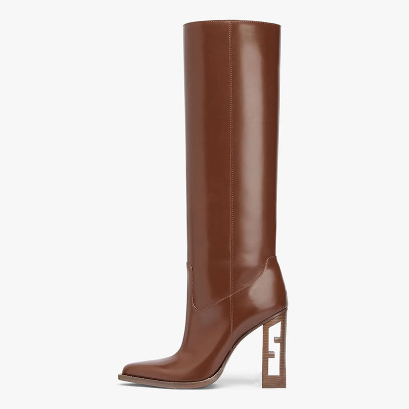 Square Toe Hollow-out Chunky Heel Cowhide Commuter Long Fashion Boots