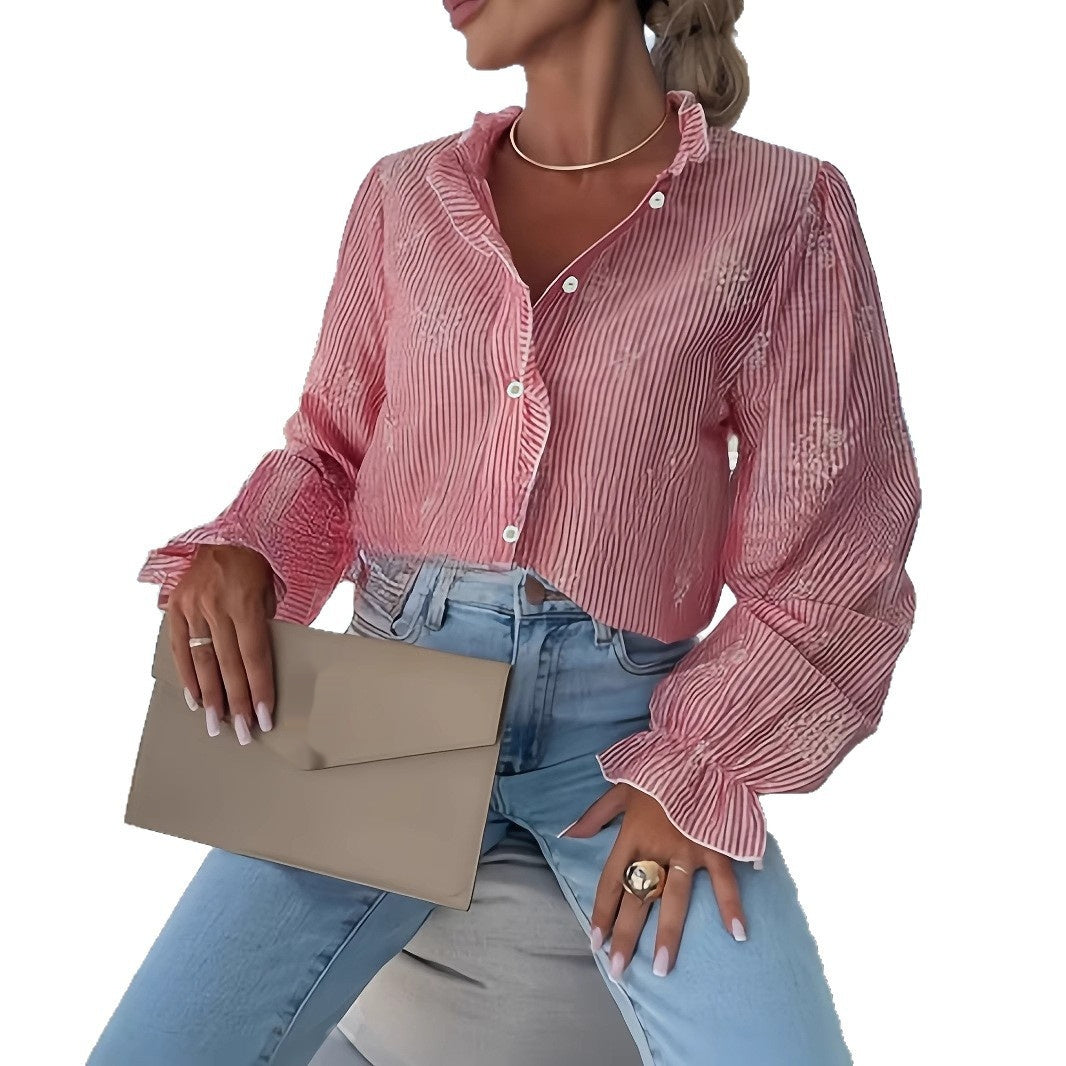 Striped Ruffled V-neck Blouse Women's Loose Top