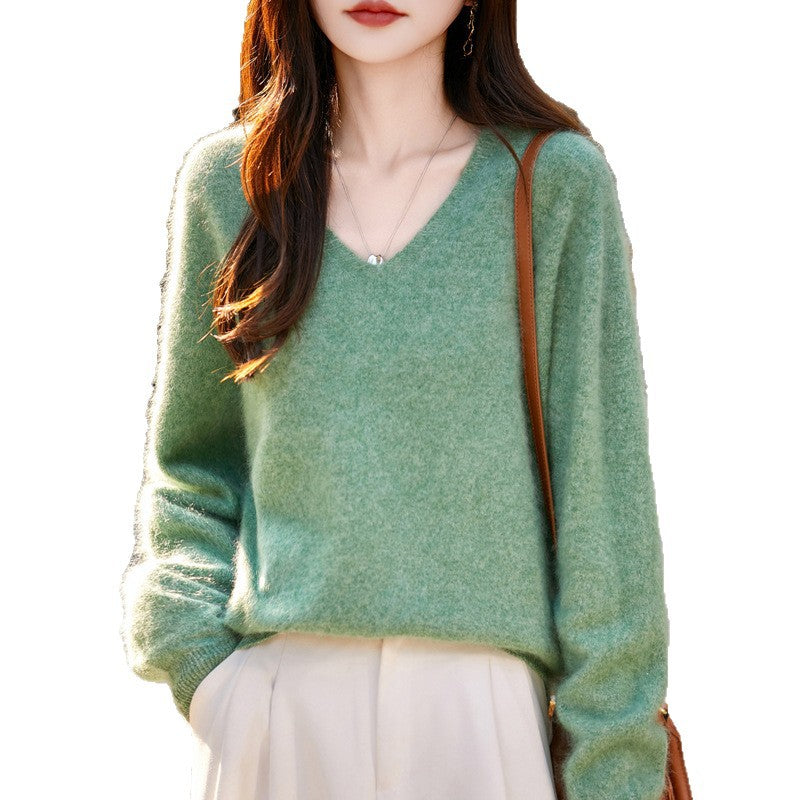 V-neck Cashmere Knit Women's Loose-fit Sweater