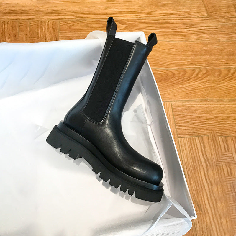 Mid-calf Thick-soled Women's Leather Boots In British Style