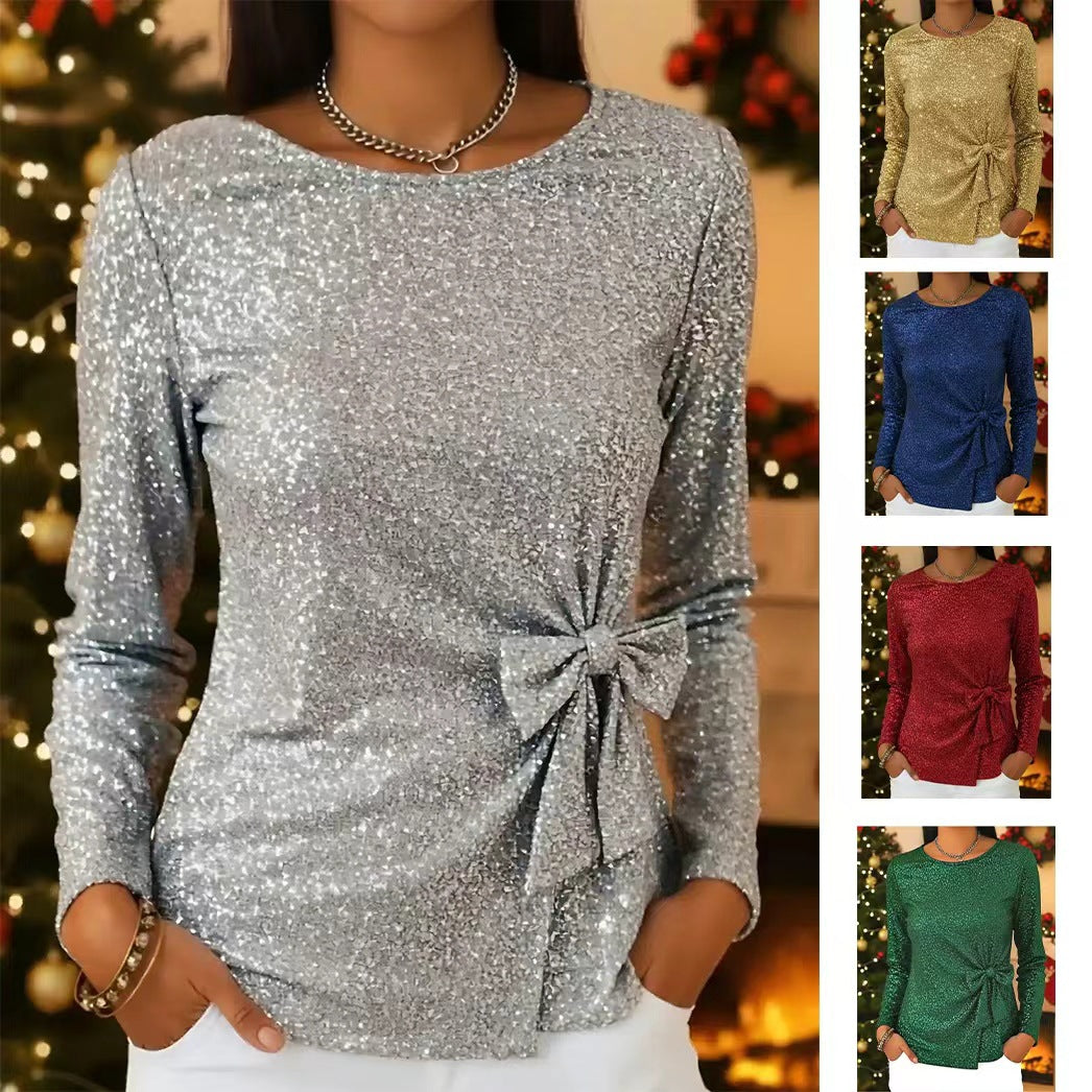 Fashionable Shiny Lace-up Bow-knot Long-sleeve Women's Pullover